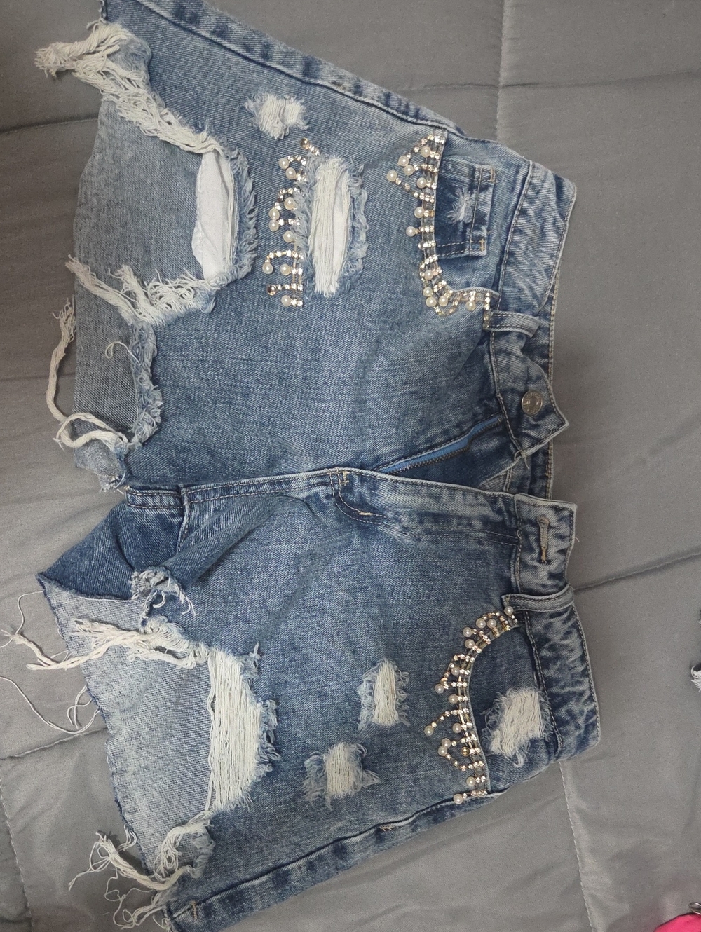 Beaded Distressed Blue Denim Women's Shorts